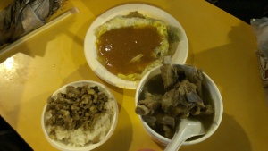 At Bak Kut Teh Stall.. oyster omelette and pork ribs and minced meat rice